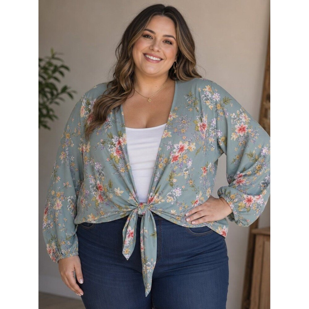 Fashion Nova Mint Floral Tie‑Front Blouse 3X Boho Top